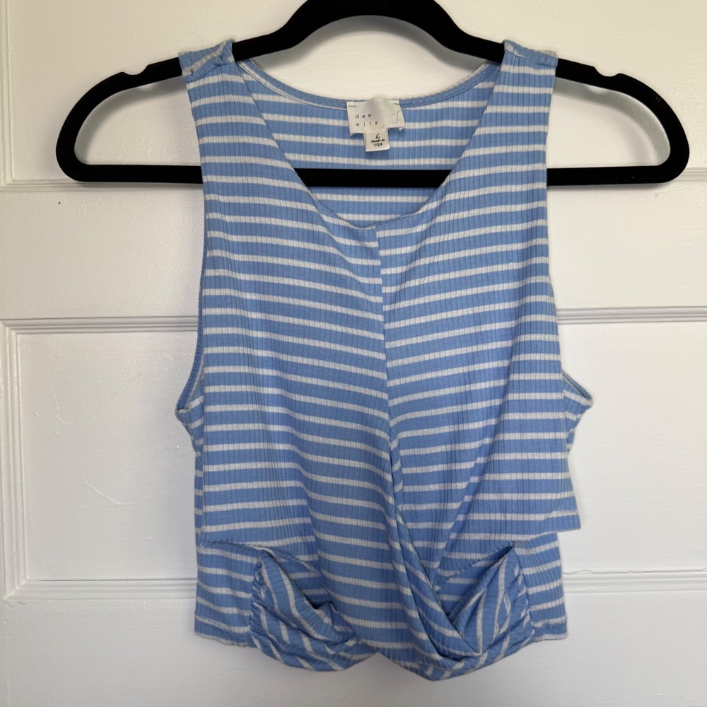 Dee Elly Blue White Striped Ribbed Twist Front Crop Tank Top Large TM3216C-ITN